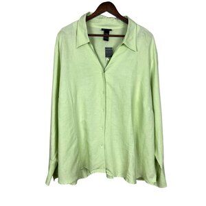 Lane Bryant Shirt Women 26/28 Green Linen Blend Button Up Long Sleeve V-Neck New